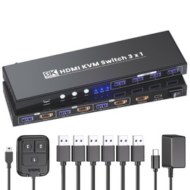 8K60Hz 4K120Hz KVM Switch 1 Monitor 3 Computers, 3 Port HDMI KVM Switch for 3 PCs Sharing 1 Monitor, Keyboard and Mouse, Built-in 4-Port USB 3.0 Hub with Dual Switching Methods