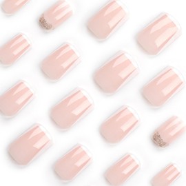 24 Pcs French Tip Press on Nails Medium Square Nails,Nude Gradient Fake Nails Glue on Nails Medium Full Cover Acrylic Nails False Nails Glossy Stick on Nails Gel Nails Press ons