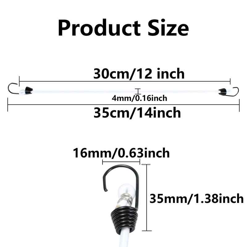 PDETVEO 10PCS 12 Inch Mini Bungee Cords with Hooks, White