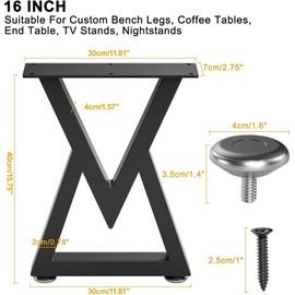 16" Metal Coffee Table Legs, Diamond Shape Bench Legs, Heavy Duty Desk Legs, Black Metal End Table Legs, DIY Furniture Legs (H16” x W11.8”, Set of 2)