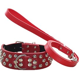 haoyueer 3 Rows Silver Rivets Mushrooms Studded Leather Dog Collars & Leash 2Pcs Matching Set Fit for Medium & Large Dogs Pitbull Husky Mastiff Terrier(Red,M)