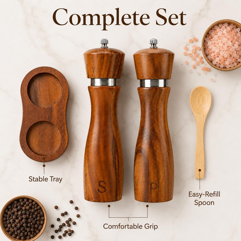 2Pcs Wooden Salt and Pepper Grinder, 8-inch Oak Mill Adjustable