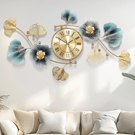 Axioglo Large Wall Clock,3D Creative Metal Ginkgo Leaf Decoration Clock, with Silent Movement Decorative Wall Clock,Large Wall Decor, for Living Room Bedroom Kitchen Office（32''x18'' ）