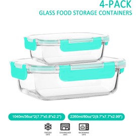 [80 oz & 36 oz]Extra Large Glass Food Storage/Baking Containers Set with Lids, 2 Pack 80 oz(10 cup)&2 Pack 36 oz (4.5 cup)Airtight Glass Container,Microwave,Oven,Freezer and Dishwasher, Green