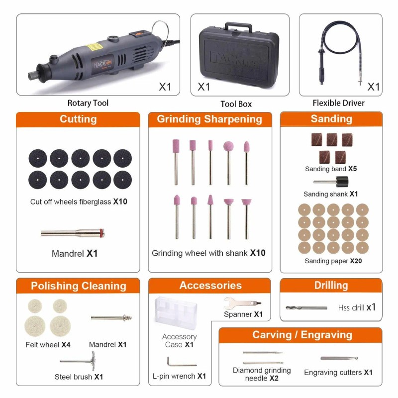 Tacklife Rotary Tool Kit Variable Speed with Flex shaft, 59