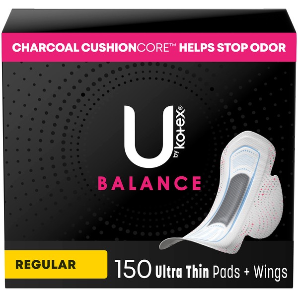 U by Kotex Balance Ultra Thin Pads with Wings, Regular Absorbency, 150 Count (Packaging May Vary)