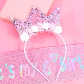 Vovii 6th Birthday Decorations - Princess Crown Headband & Glitter Sash Set for 6 Year Old Girl
