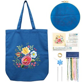 Canvas Tote Bag Embroidery Kit with Pattern for Beginners, Arts and DIY Embroidery Crafts Kits for Adults, Include Instructions, Embroidery Hoops, Color Threads and Tool