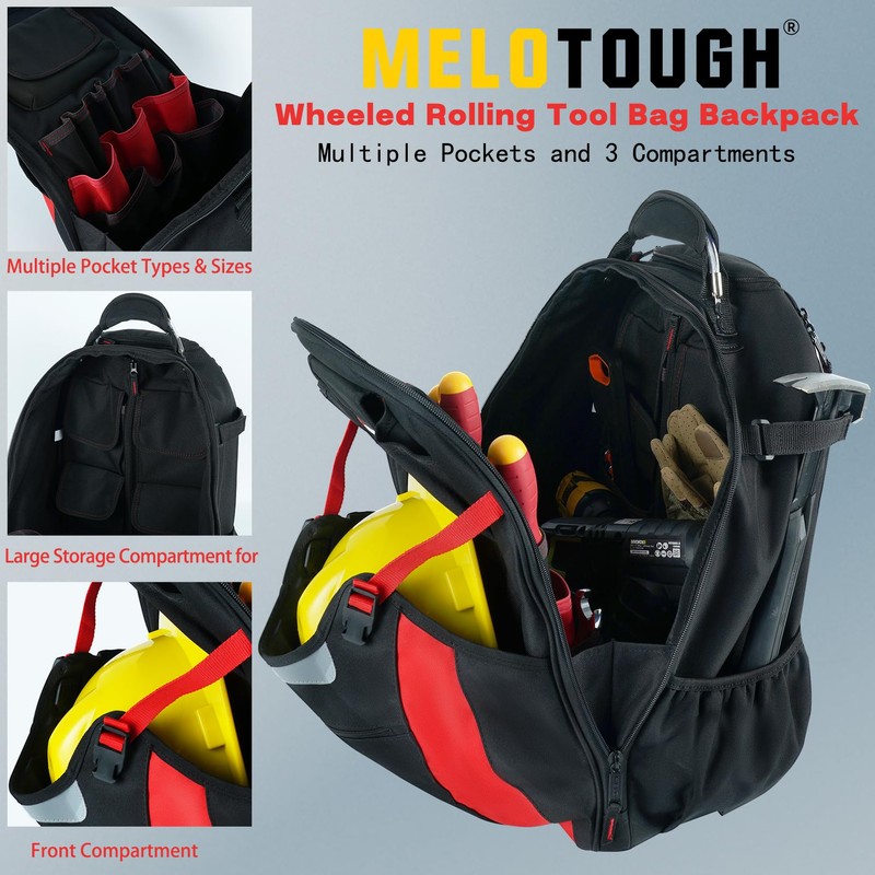MELOTOUGH Wheeled Rolling Tool Bag Heavy Duty Tool Backpack with