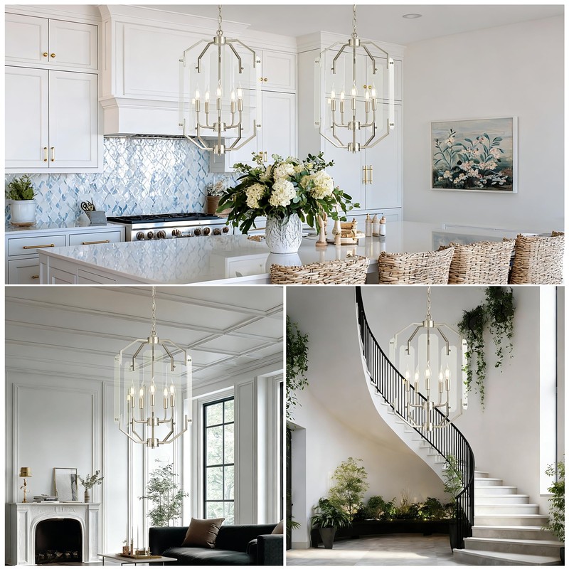 OKELI 15.7” Farmhouse Chandelier for Dining Room, 5-Light Brushed Nickel