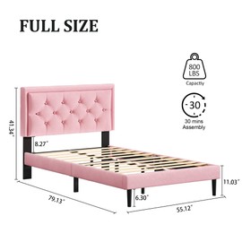 CXVX Full Size Platform Bed Frame with Upholstered Velvet Button Tufted Headboard, Mattress Foundation with Wooden Slat Support, No Box Spring Needed, Easy Assembly, Noise Free, Pink