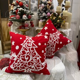 Awebest Christmas Tree Throw Pillow Covers 18x18 Red Holiday Decor Pillowcases Embroidered Cushion for Farmhouse Sofa Office Bed Room Car 2PCS