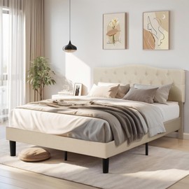 VECELO Queen Size Bed Frame Upholstered Platform with Tufted Adjustable Headboard/Mattress Foundation with Wood Slat Support, Easy Assembly,Beige