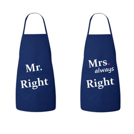 FASCIINO® Set of Hubby Wifey Mr. Right/Mrs. Always Right His and Hers Chef Couples Apron Valentines Wedding Bridal Gift 2pcs (Navy)