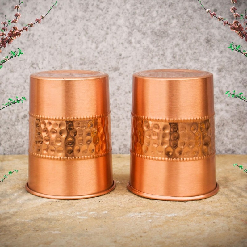 ANCIENTIMPEX Set of 2 Hammered and Plain Copper Cups 250ml
