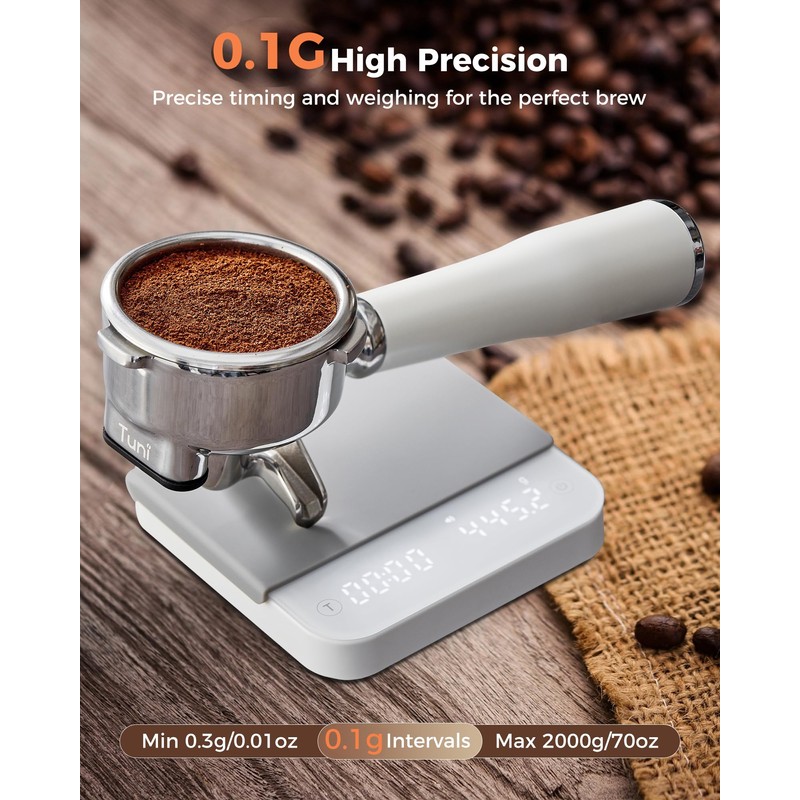 Tuni Rechargeable Mini Coffee Scale with Timer, 2kg/0.1g Accurate Espresso