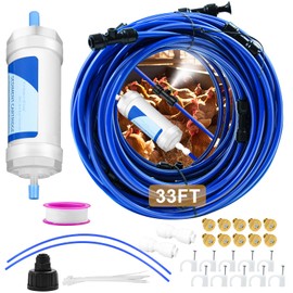 Upgraded 33FT Chicken Coop Misting Cooling System with Water Filter Line & 20 Brass Mist Nozzles Teflon Tape 3/4" Adapter Outdoor Misters Misting Hose for Patio Outside Garden Backyard Greenhouse