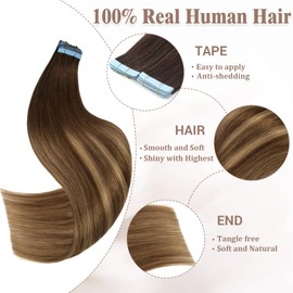 Lveyan Tape in Hair Extensions Human Hair, 18 Inch Choclolate Brown to Caramel Blonde/Brown Remy Human Hair Skin Weft 20pcs 50g/pack Invisible Tape in Hair Extensions (#T4-P27/4, 18 Inch)