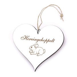 Engraved Heart Door Sign 13 x 12 cm (Hereingehoppelt Kaninchen, White)
