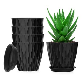 7 Inch Plant Pots, 5 Pack Plastic Indoor Flower Pots, Planters Pots with Drainage Holes and Trays for Indoor Outdoor Plants, Durable Pot for Orchids, Violets, Succulents, Herbs, and Others，black