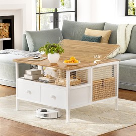 FABATO Farmhouse Coffee Table, Square Coffee Table for Living Room, Wood Center Table with Storage Drawer and Shelf, Flip Top Lids Cocktail Table, Small Tea Table for Living Room, White