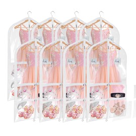 Univivi Clear PVC Dance Costume Garment Bag 40 Inch Hanging Garment Bag for Dance for Kids, with 4 Medium Clear Zipper Pockets and 1 Large Back Zippered Pocket (8 Pack)