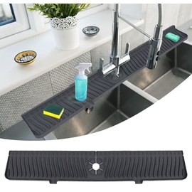 30 Inch Sink Splash Guard Mat, Faucet Mat Splash Catcher, Silicone Faucet Handle Drip Catcher Tray, Longer Sink Mat for Kitchen Dish Drying Mats Sponge Holder and Bathroom Countertop Protect(Black)