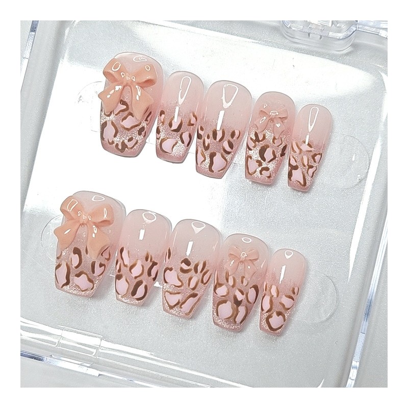 Pink Leopard Magnetic Homemade Nail Tips - Almond / 핑크