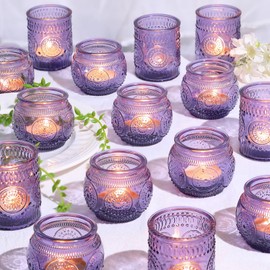 30pcs Assorted Purple Votive Candle Holders for Wedding Decorations, Boho Glass TeaLight Candle Holder, Wedding Table Centerpieces, Bridal Shower Decorations, Retro Purple Party Decor, Party Favors