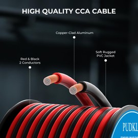 PUDKLE 12 Gauge/12 AWG Copper Clad Aluminum 2 Conductor Red Black Electrical Wire 30FT, Flexible PVC Insulated Low Voltage 12V/24V DC Cable for Automotive, Speaker, Subwoofer, LED Strips, RC Car