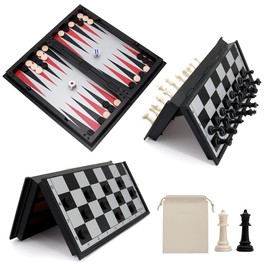KAILE 10" Magnetic Chess Sets - 3 in 1 Travel Chess Checkers Backgammon Set with Folding Case - Portable Elastic Bag