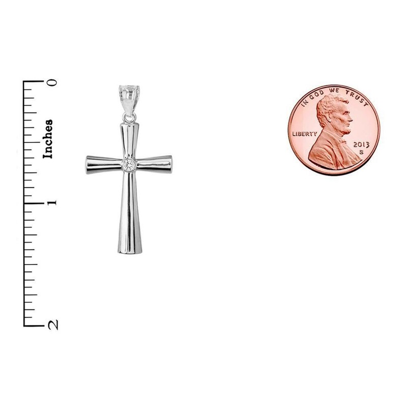 Solid Sterling Silver Simple CZ Religious Cross Pendant Necklace, 16"