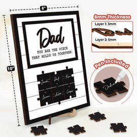 Dad Puzzle Piece Frame Gifts for Fathers Day Wall Decor Wooden DIY Names with 12 Puzzle Pieces, Grandpa Gift from Daughter Son Grandkids, Family Plaque Decor Sign with Pet Dog Cat Name HU-FR125-D