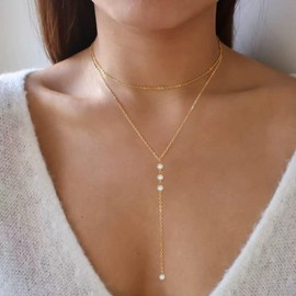 Lariat Gold Necklace for Women, Long Dainty 14K Gold/Silver Layered Necklaces for Women Trendy Y-Shaped Simple Beaded Chain Necklace Waterproof Gold Jewelry for Women Gifts (Gold 3)