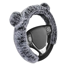 BDK Bear Fur Plush Steering Wheel Cover - Cute Faux Wool Protector for Women Girls Fits Wheels 14.5 - 15 inch Gray - with Ears