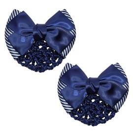 Penta Angel Bowknot Hair Snood Net Barrette 2Pcs Elastic Crochet Knit Invisible Mesh Hair Bun Holder Cover Large Satin Bow Hair Clips for Women Girls Working Styling Accessory (Stripe Blue)