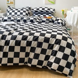 Lunoroey Plaid Duvet Cover Set Double Size Black White Plaid Plaid Quilted Geometric Microfiber Soft Bedding Set (1 Duvet Cover and 2 Pillowcases)