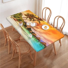 Bictucem Rectangle Elastic Edge Fitted Tablecloth, 4 ft-(24" x 48"), Beach with Palm Trees at Dusk Polyester Table Cover, for Indoor Holiday Family Banquet and Outdoor Patio Use