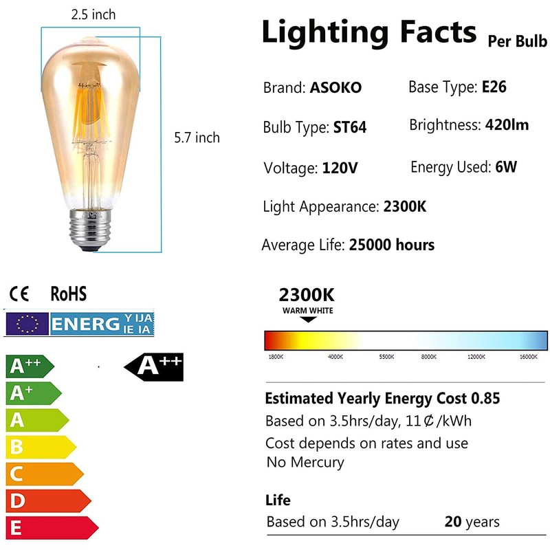 ASOKO LED Dimmable Vintage Edison Led Bulbs 6W Antique Style,