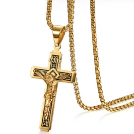 Cupimatch Men's Necklace Stainless Steel Cross Jesus Prayer Christ Pendant Polished Men's Necklace 22.04 Inches (56 cm), Gold Silver Black, Stainless Steel, No Gemstone