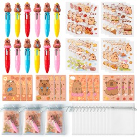 CY2SIDE Capybara Stationery Party Gift - 12 Pack Fun Animal Prizes Set Include 4-in-1 Ballpoint Pen Mini Notebook Sticker and Organza Birthday Party Favor Goodie Bag Fillers Stuffer for School Rewards