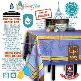 Sweet Us Lavande Mystique Wipeable Tablecloth Spill Resistant Teflon Coated, Floral Cotton French Provencal Tablecloth for Rectangle Tables, for Indoor and Outdoors, Bleu Sérénité, 63 x 98