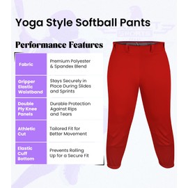 Exxact Sports Girls Softball Pants Knicker/Yoga Style Knee Length, 4-Way Stretch Low Rise Youth Softball Pants for Girls - (YM, Red)