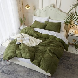 Ivellow Waffle Weave Duvet Cover Set 100% Cotton Duvet Cover Boho Textured Olive Sage Green Cozy Soft Breathable Queen Duvet Cover Skin-Friendly Luxury Comforter Cover Bedding Set