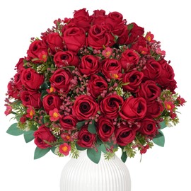 MHMJON 10 Bunches Artificial Roses, Red Fake Silk Flowers for Indoor Home Decoration Bedroom Kitchen Office Wedding Spring Summer Floral Centerpieces for Tables