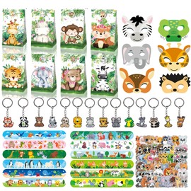 JWTRSVTY 98 Pieces Animals Gift Children's Birthday Party Bag Animal Bracelets Paper Mask Key Ring Stickers Animals Children Party Favours for Girls Boys Theme Gifts