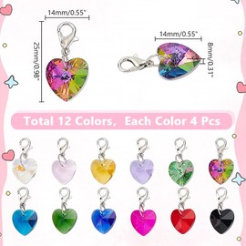 HOBBIESAY 12 Colors 48Pcs Colourful Heart Glass Dangle Charms 15mm Crystal Faceted Heart Pendants with Lobster Clasps Love Shape Charms for Valentine's Day Earring Necklace Keychain Jewelry Making