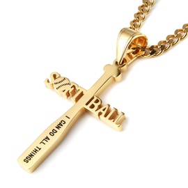 HZMAN Softball Bat Cross Pendant Necklace for Men Player Stainless Steel Inspiring Bible Verse Softball Necklace Jewelry Gift (Gold)
