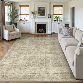 WondRg 8x10 Washable Area Rug Beige Vintage Living Room Bedroom Indoor Carpet Distressed Retro Non Slip Low Pile Soft Large Throw Rug for Dining Room Office Dorm Decor