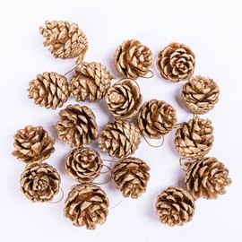 YUNSTK 18 Pieces Pine Cone Christmas Tree Decorations, Gold Pine Cones, Natural Pinecones with String Pendant Crafts for Garland Xmas Tree Baubles Wreath Gift Tag Hanging Ornaments